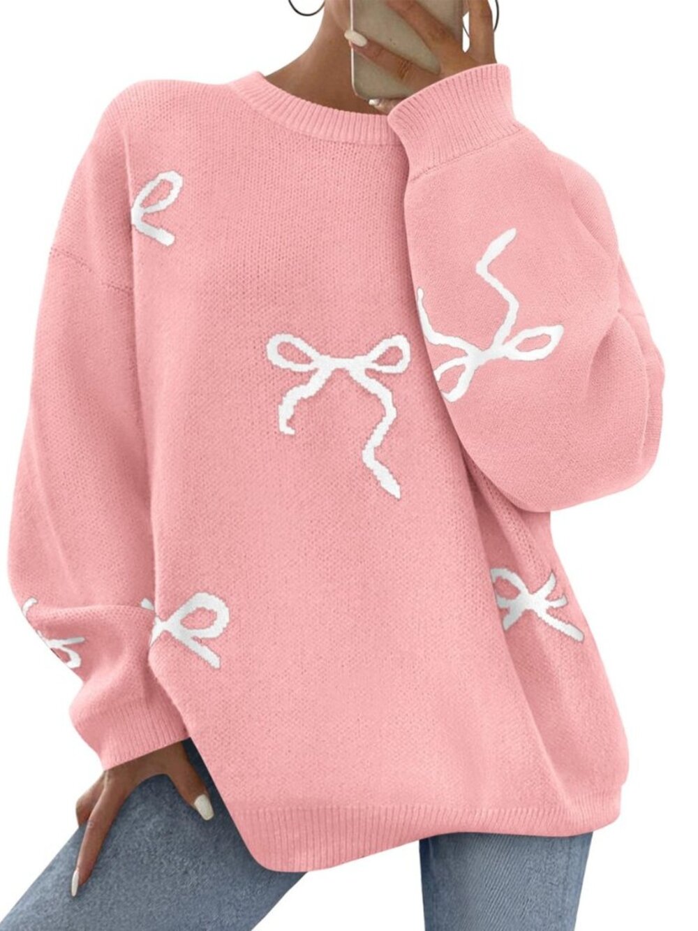 Women Long Sleeve Cute Bow Oversized Sweater